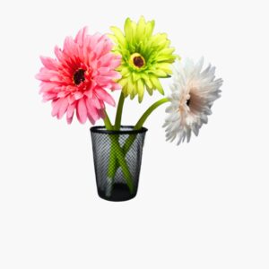 Close-up of pink, white, and green Gerber flower pens in a black cage pen holder – fun stationery gift
