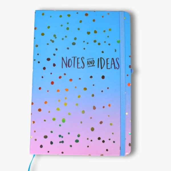 Blue to pink ombre hardcover notebook with gold foil notes and ideas text
