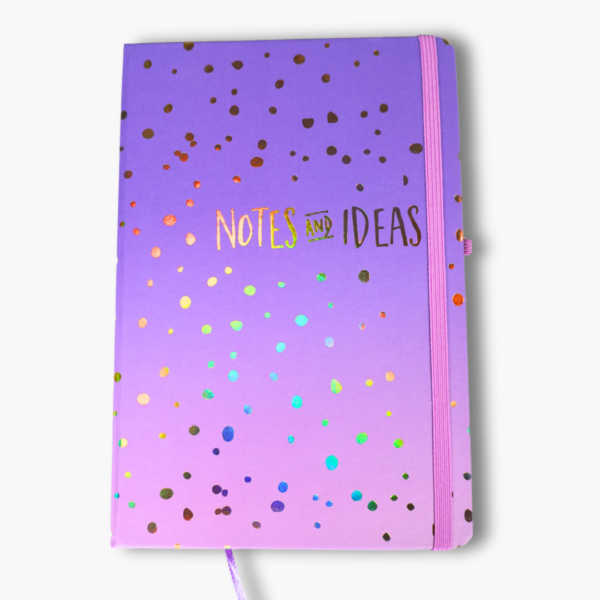Purple to pink ombre hardcover notebook with gold foil notes and ideas lettering