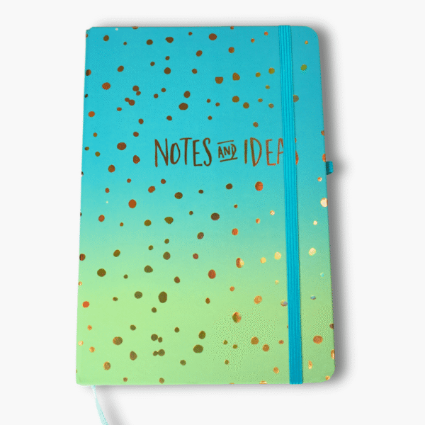 Turquoise to green ombre hardcover notebook with gold foil notes and ideas text