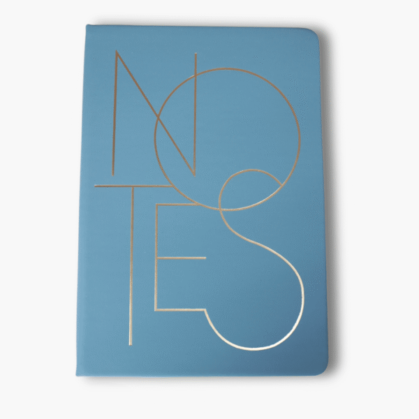 Blue A5 hardcover notebook with gold foil NOTES lettering