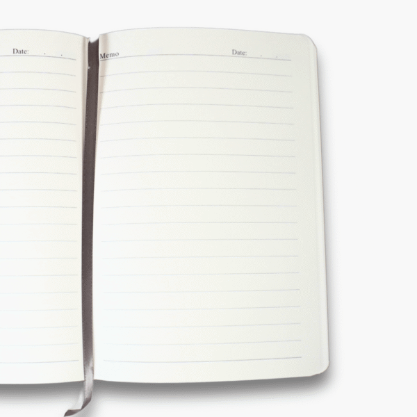 Open blue A5 notebook showing interior pages