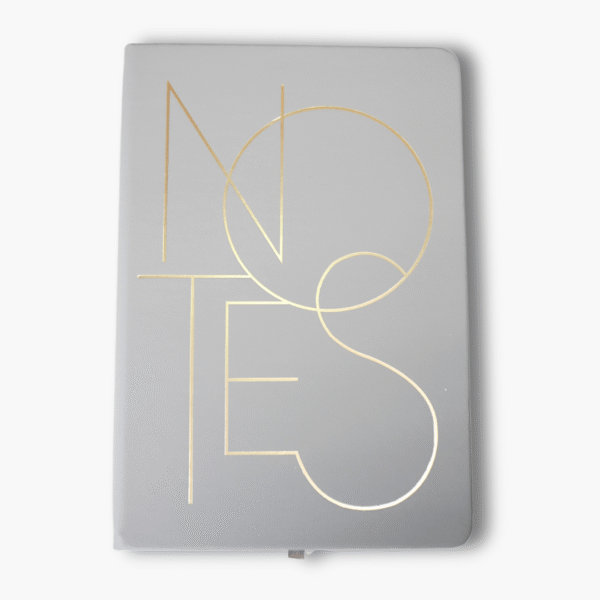 Grey A5 hardcover notebook with gold foil NOTES text and soft touch cover