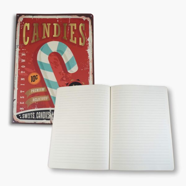 Inside view of the Candy Vintage Journal showing 64 lined pages, ideal for writing, note-taking, and creative projects. Smooth surface suitable for various pens and pencils.