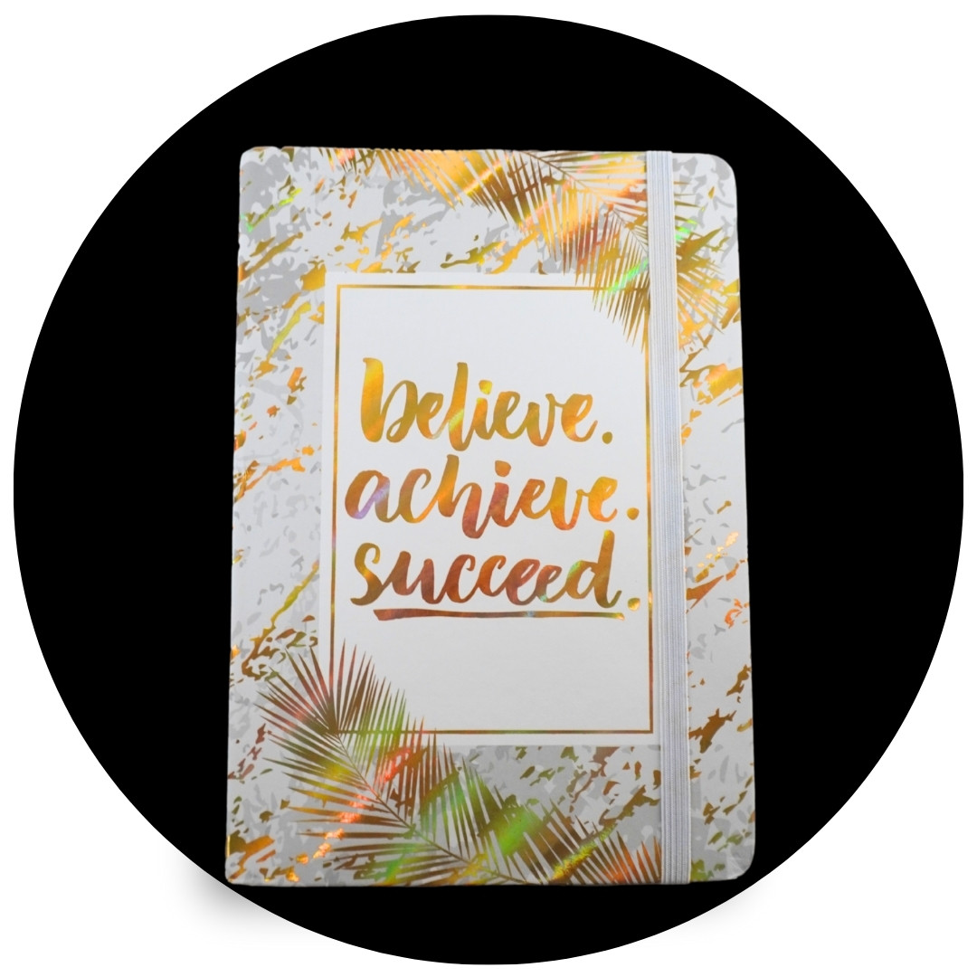 Hard cover notebook icon with black bubble – premium stationery category