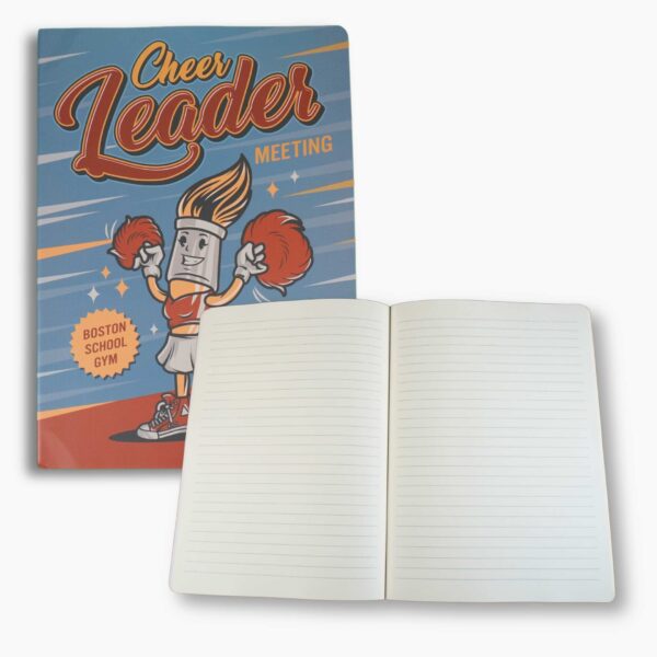 Inside pages of the cheerleader journal with lined paper and retro design.
