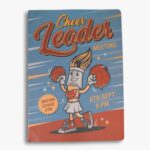 Retro journal cover featuring paintbrush cheerleader in bold colours.