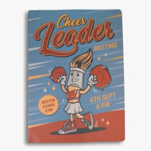 Retro journal cover featuring paintbrush cheerleader in bold colours.