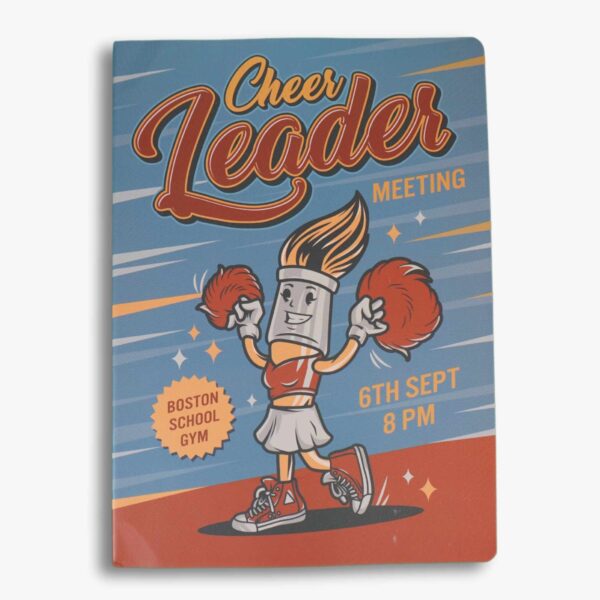 Retro journal cover featuring paintbrush cheerleader in bold colours.