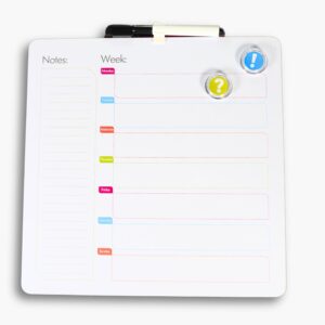 Whiteboard with colourful weekdays and side notes panel.