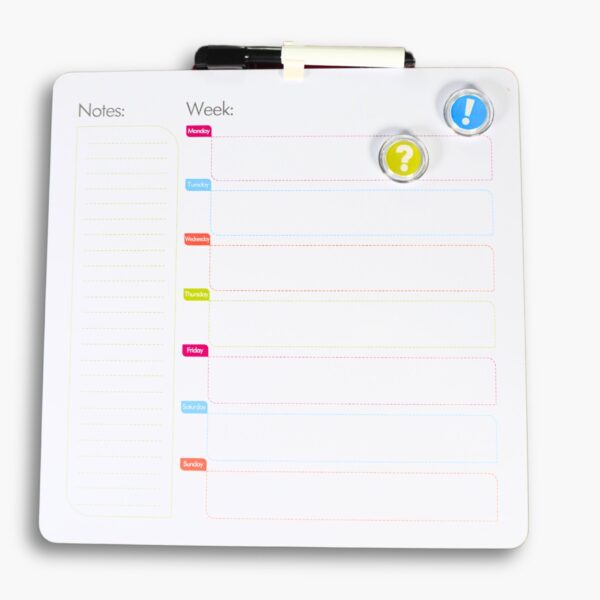 Whiteboard with colourful weekdays and side notes panel.