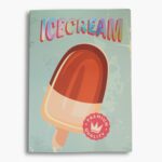 Retro-style ice cream cone in red and white on a turquoise background.