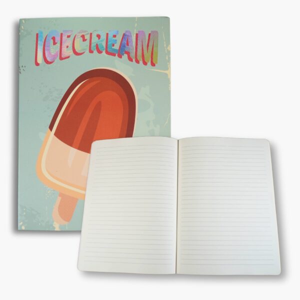 Interior of Ice Cream Journal with red and white cover, showing lined pages.