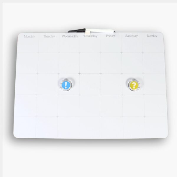 Monthly layout whiteboard with blank squares.