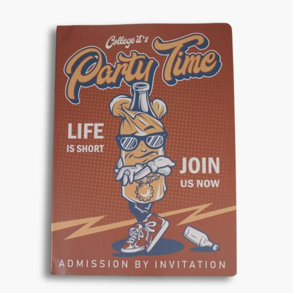 Retro journal cover with swagged-out cartoon bottle and bold text.
