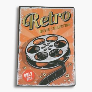 Retro Movie Collection Journal with burnt orange softcover, vintage film reel illustration, and bold text in a cinematic vertical format.