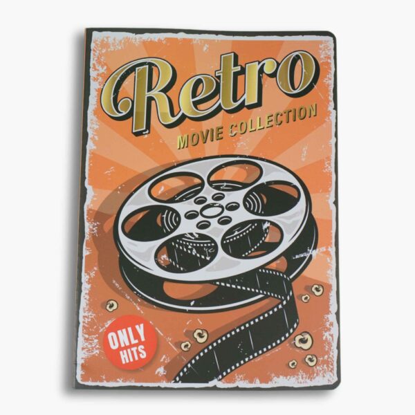 Retro Movie Collection Journal with burnt orange softcover, vintage film reel illustration, and bold text in a cinematic vertical format.
