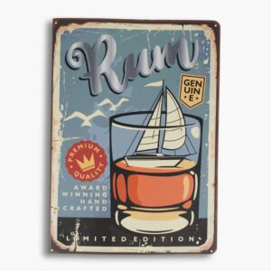 Rustic journal cover featuring vintage-style rum label design with yacht in a glass of rum.