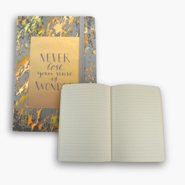 Inside pages of grey and gold notebook with lined layout.
