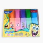 Close-up of six colourful highlighters featuring SpongeBob characters.