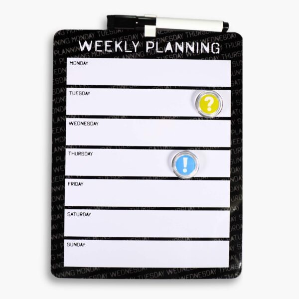 Black background weekly planner whiteboard with weekdays.