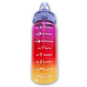 2L rainbow water bottle with time stamps and motivational messages – full view