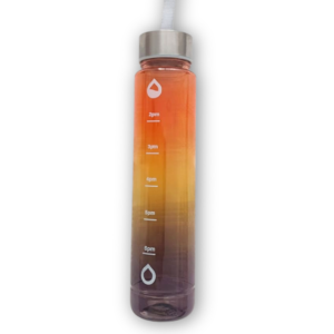 750 ml ombre orange, yellow & black water bottle with hourly time stamps – full view