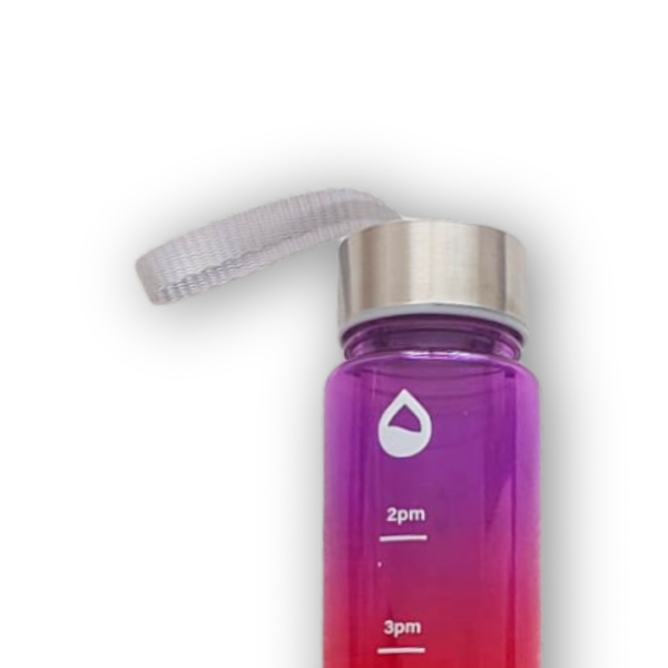 Close-up of ombre hydration bottle showing 2pm–6pm time stamps