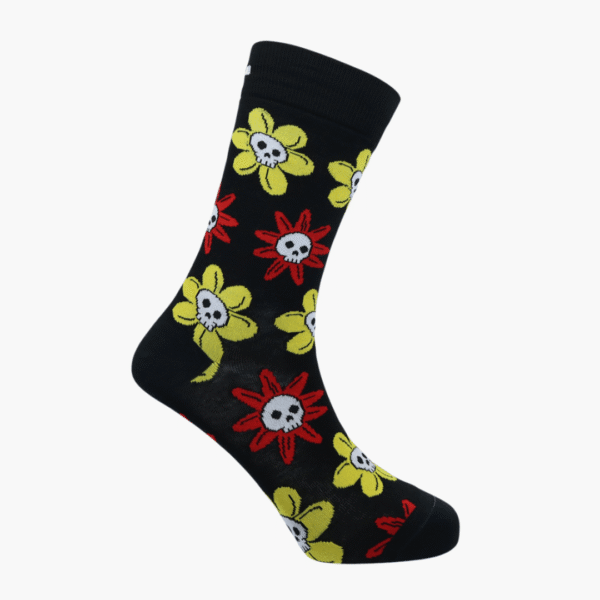Full: Black funky socks with red and yellow flower skull pattern