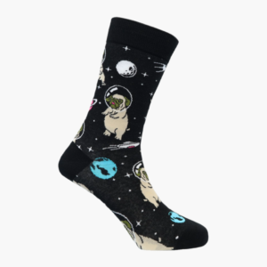 Full: Black novelty socks with pug dog in space design