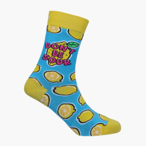 Full: Blue socks with yellow lemons and Dont Be Sour text