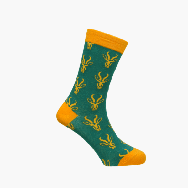 Full: Green and gold Bokke supporter socks by Sock Doctor