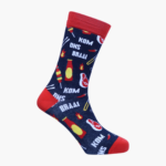 Funky Sock Doctor socks with “Kom Ons Braai” text and steak, meat, and braai sauce illustrations