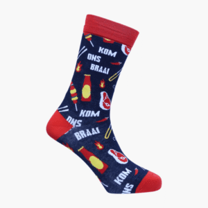 Funky Sock Doctor socks with “Kom Ons Braai” text and steak, meat, and braai sauce illustrations