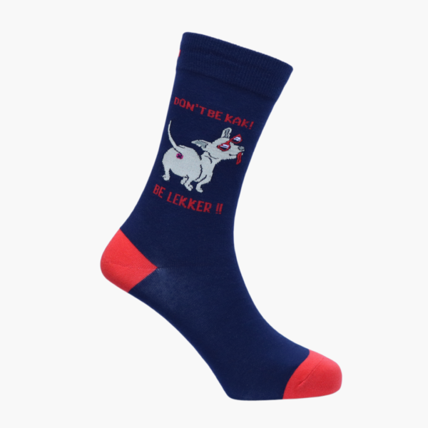 Full: Navy socks with dog and Dont Be Kuk Be Lekker slogan