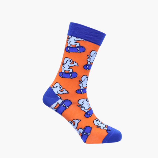 Full: Orange socks with dog riding blue skateboard
