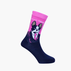 Full: Pink and black socks with pug and Pardon My French text