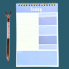 Blue A5 daily planner notepad ring-bound with sections for date, top 3 priorities, don’t forget, gratitude, water intake, to-do, and notes